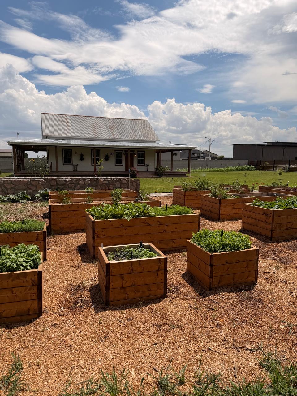 Raised-bed kitchen garden with the house and porch behind