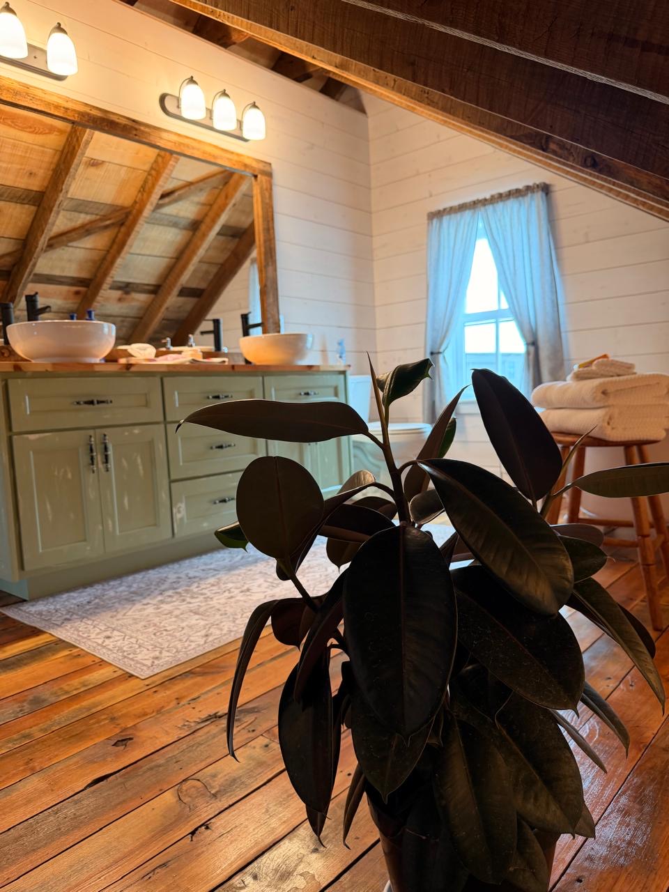 Bathroom with a rubber plant, sage vanity and towels on a wooden stool
