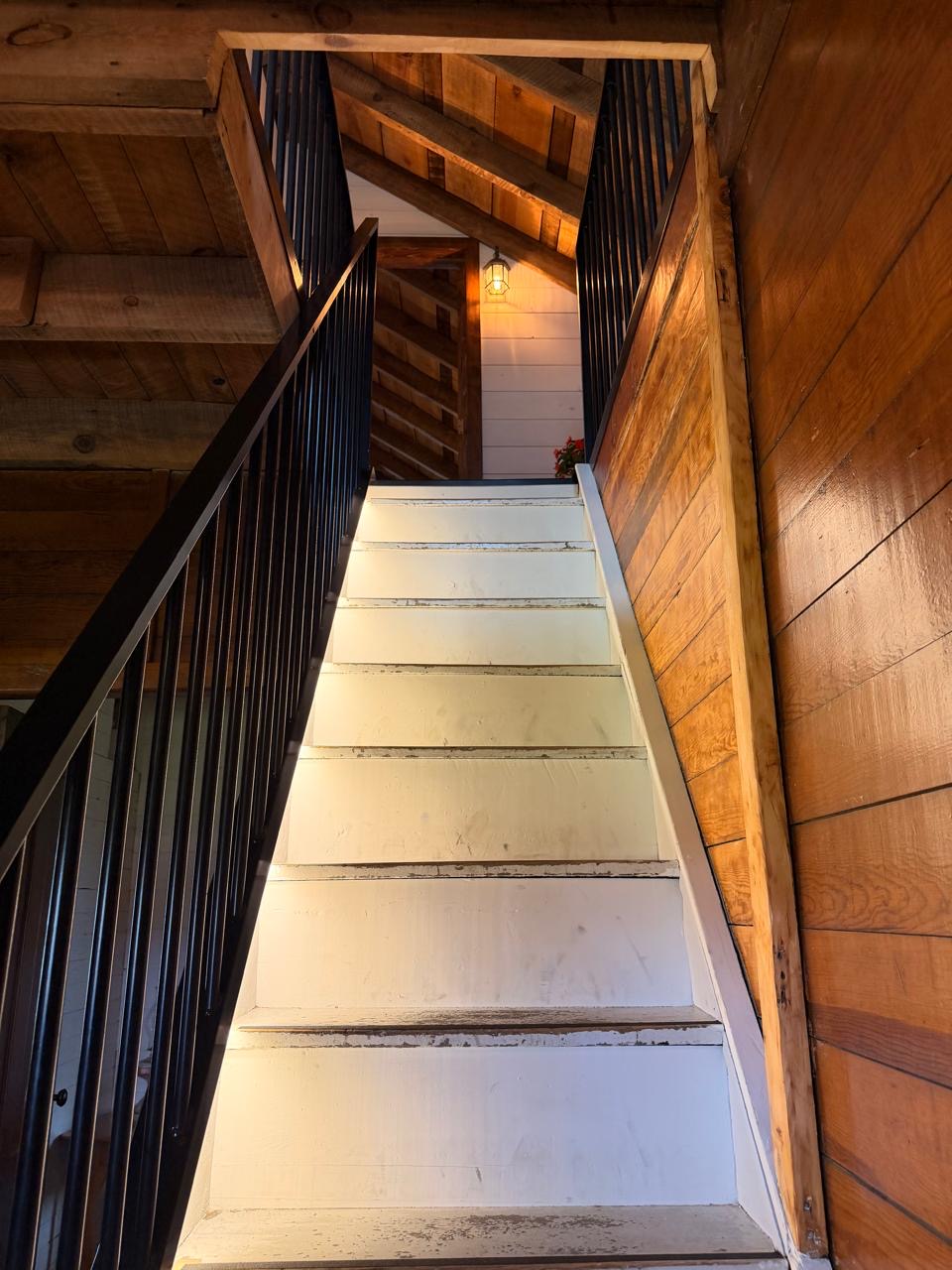 Original staircase with painted treads and a black metal railing