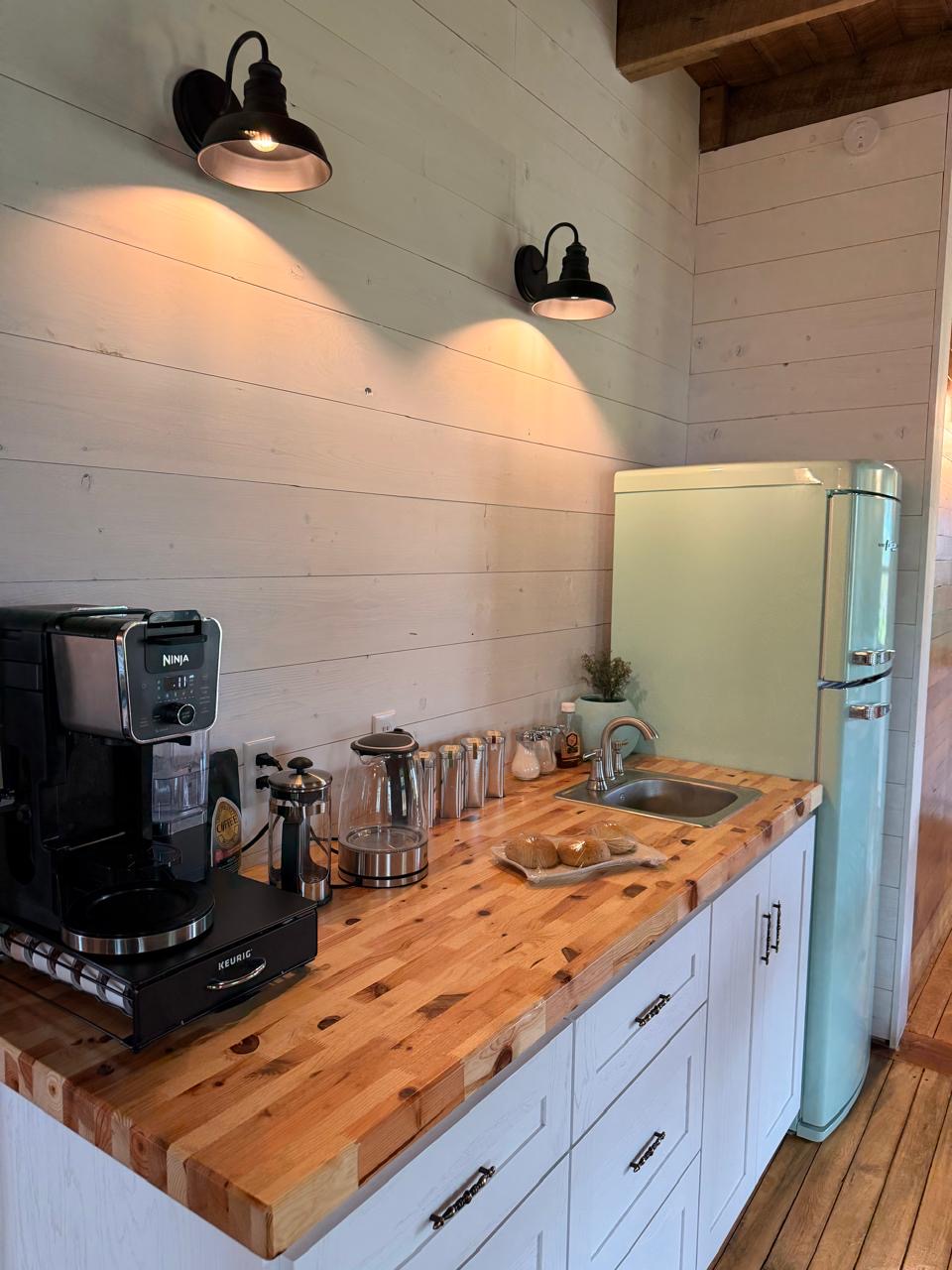 Coffee bar with drip maker, French press and a retro mint refrigerator